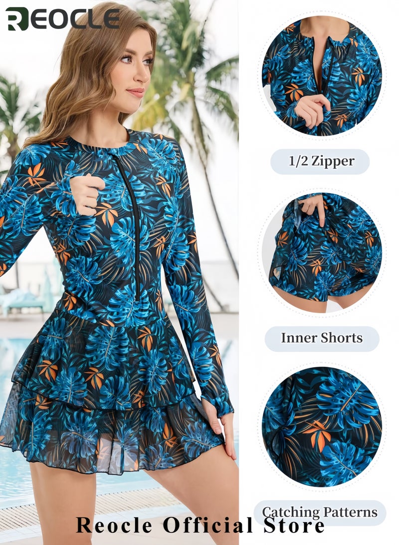 REOCLE Womens Rash Guard Long Sleeve UPF 50+ Zip Up One Piece Swimsuits with Shorts Modest Swim Dress with Built in Bra  - Image 4
