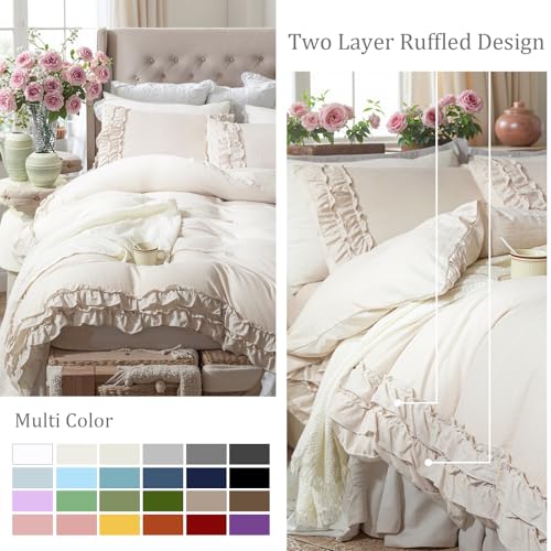 Bedorm Beige Duvet Cover Queen Shabby Chic Bedding Soft Breathable Washed Microfiber Ruffle Duvet Cover Coquette Cute Comforter Cover Girls Women - Image 5