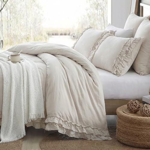 Bedorm Beige Duvet Cover Queen Shabby Chic Bedding Soft Breathable Washed Microfiber Ruffle Duvet Cover Coquette Cute Comforter Cover Girls Women - Image 4