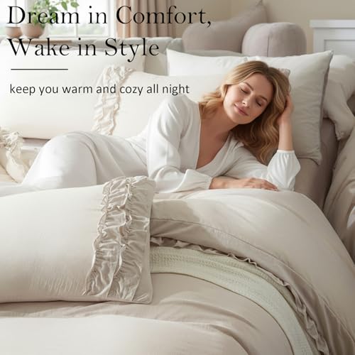 Bedorm Beige Duvet Cover Queen Shabby Chic Bedding Soft Breathable Washed Microfiber Ruffle Duvet Cover Coquette Cute Comforter Cover Girls Women - Image 3