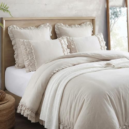 Bedorm Beige Duvet Cover Queen Shabby Chic Bedding Soft Breathable Washed Microfiber Ruffle Duvet Cover Coquette Cute Comforter Cover Girls Women - Image 2