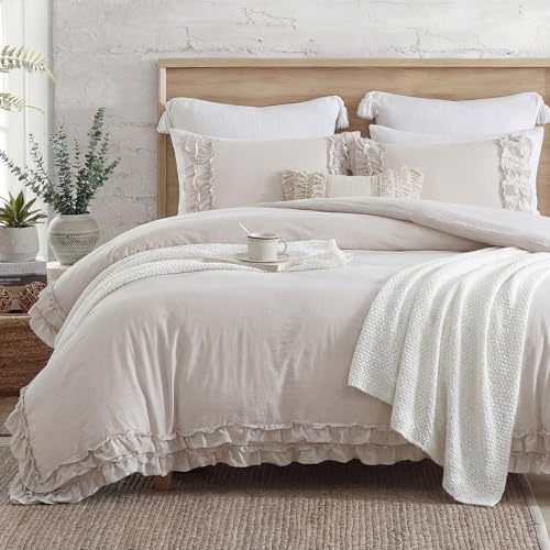 Bedorm Beige Duvet Cover Queen Shabby Chic Bedding Soft Breathable Washed Microfiber Ruffle Duvet Cover Coquette Cute Comforter Cover Girls Women - Image 1
