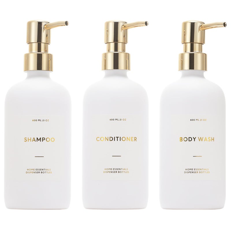 HOMCDALY Shampoo and Conditioner Dispenser 21oz 3Pack Refillable Pump Bottles Shampoo Container Empty Pump Bottle Bathroom Shower Dispenser21ozWhiteGold