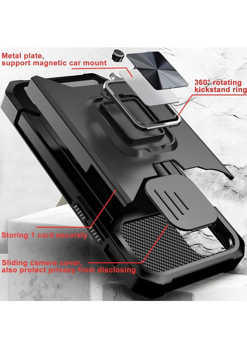 KASTWAVE - Kickstand Case for iPhone 12 Pro Max with Slide Camera Lens Cover, Heavy Duty Armor Style Case with Rotate Ring Stand & Card Holder Slot Magnetic Car Mount, Durable Phone Case Shockproof Wallet Case - Image 1