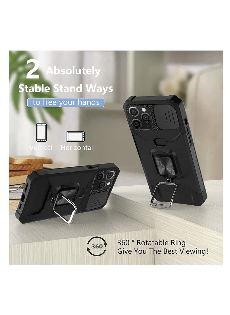 KASTWAVE - Kickstand Case for iPhone 12 Pro Max with Slide Camera Lens Cover, Heavy Duty Armor Style Case with Rotate Ring Stand & Card Holder Slot Magnetic Car Mount, Durable Phone Case Shockproof Wallet Case - Image 1