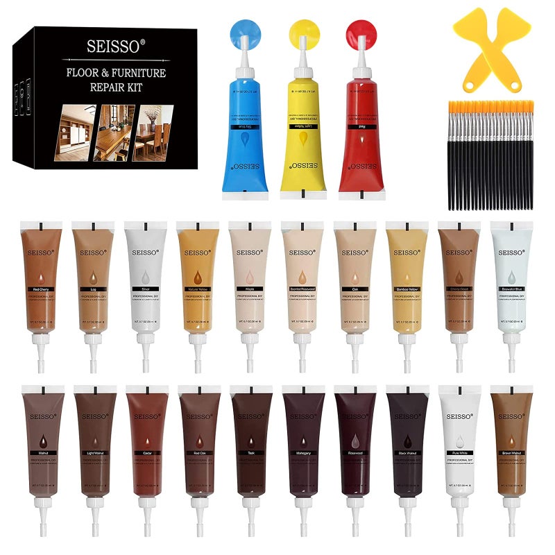 SEISSO Wood Furniture Repair Kit Set of 50 24 Colors Wood Touch up Fillers Wood Repair Paint with Scraper and Brushes Repair Scratches Cracks Stains Hole for Tables Laminate Cabinet Floors