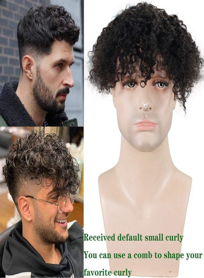 Voloria Toupee for Man Europen Human Hair Replacement Systems Men Hairpiece Mono Lace with PU Around Curly Wig (Natural Black Color, 10"x8"). - Image 2