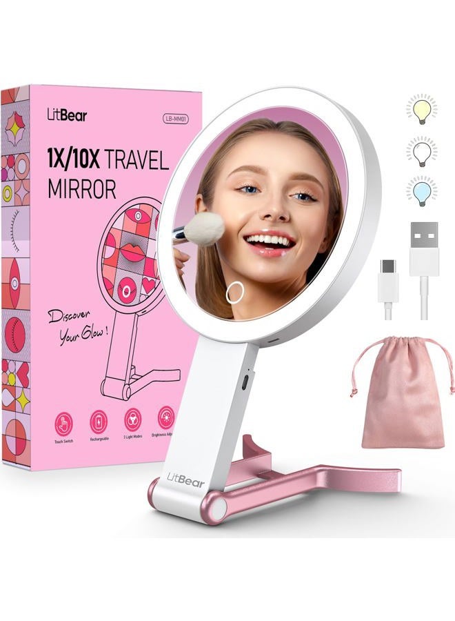 LitBear Travel Makeup Mirror With Lights, Rechargeable Double Sided 10X/1X Magnifying, Portable Lighted Beauty, 3 Color Lighting, Dimmable Touch Screen, Tabletop Handhold Hanging (White) - Image 1