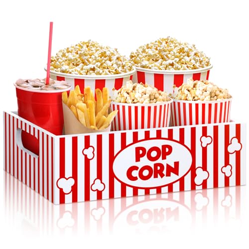 GlikCeil Movie Night Supplies Snack Trays with Handles Reusable Wooden Movie Gift Basket for Theater Popcorn Bucket Bowl Box Container Family Room Christmas Decor(Striped) - Image 1