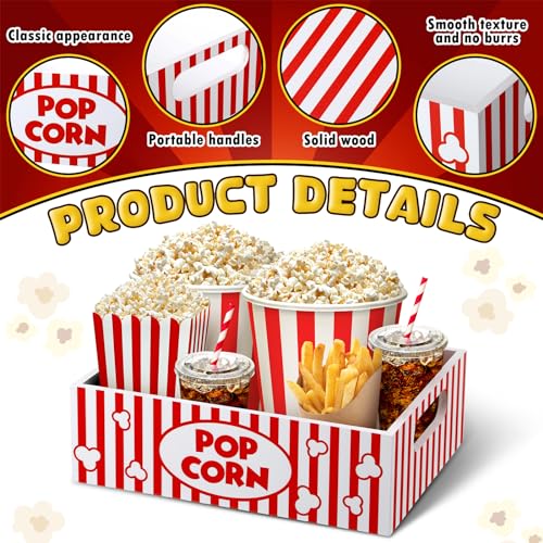 GlikCeil Movie Night Supplies Snack Trays with Handles Reusable Wooden Movie Gift Basket for Theater Popcorn Bucket Bowl Box Container Family Room Christmas Decor(Striped) - Image 3