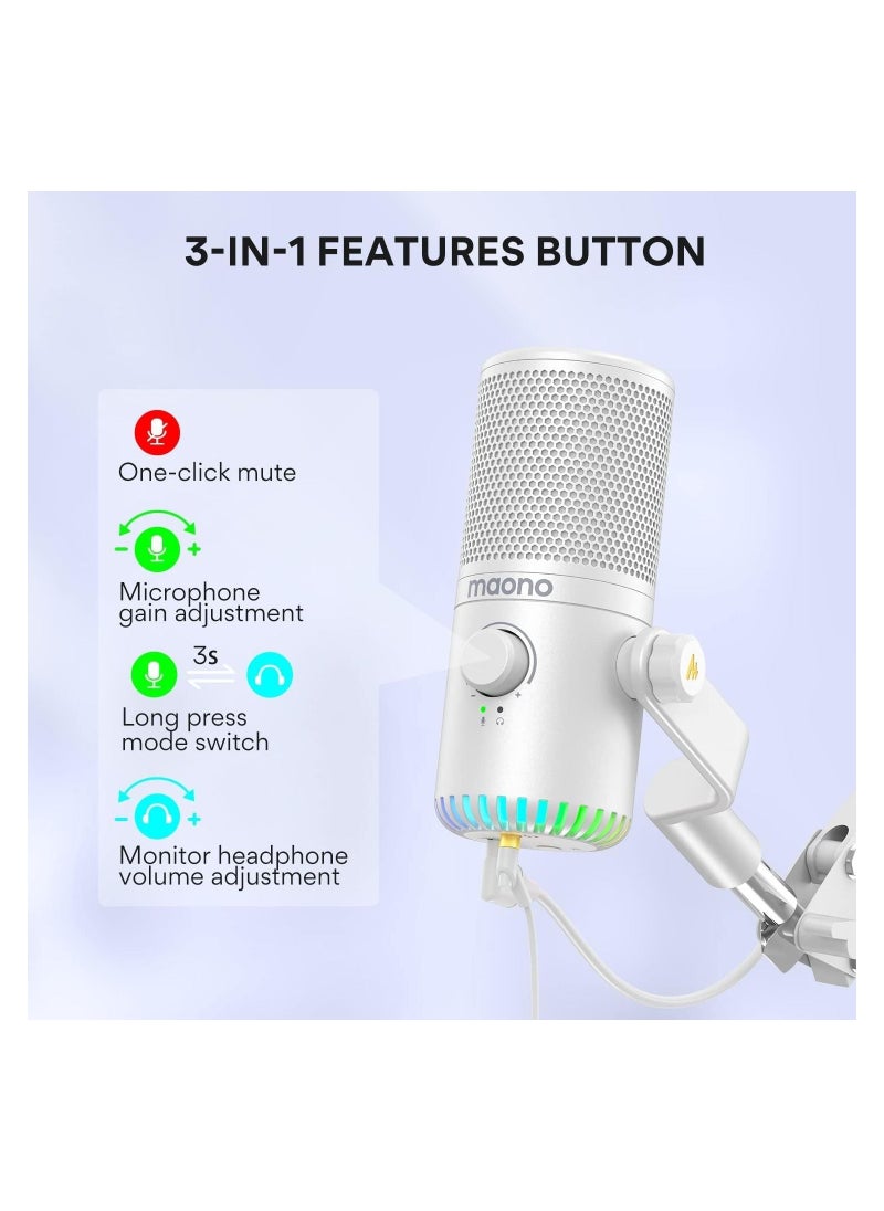 Maono - MAONO USB Gaming Microphone for PC, Programmable Condenser Mic with RGB Light, Mute, Gain, Monitoring, Volume Control for Streaming, Podcast, Twitch, YouTube, Discord, Computer, Mac, PS5, DM30 White - Image 1