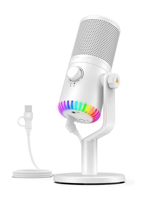 MAONO USB Gaming Microphone for PC, Programmable Condenser Mic with RGB Light, Mute, Gain, Monitoring, Volume Control for Streaming, Podcast, Twitch, YouTube, Discord, Computer, Mac, PS5, DM30 White