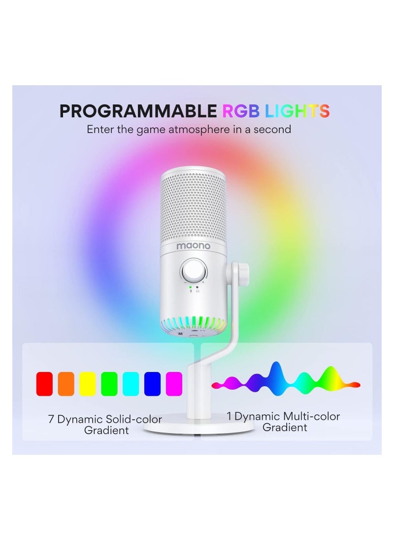 Maono - MAONO USB Gaming Microphone for PC, Programmable Condenser Mic with RGB Light, Mute, Gain, Monitoring, Volume Control for Streaming, Podcast, Twitch, YouTube, Discord, Computer, Mac, PS5, DM30 White - Image 1