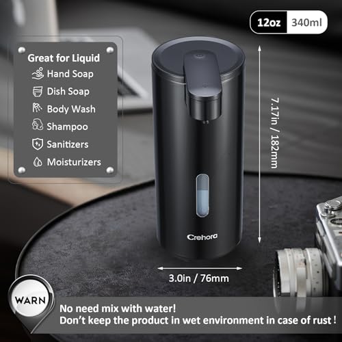 Crehora Automatic Soap Dispenser, Automatic Liquid Soap Dispenser Touchless, 12oz/340ml, 3-Level Adjustable, Battery Operated, Water-Resistant for Bathroom, Kitchen, and School, Clog-Free, Black - Image 4
