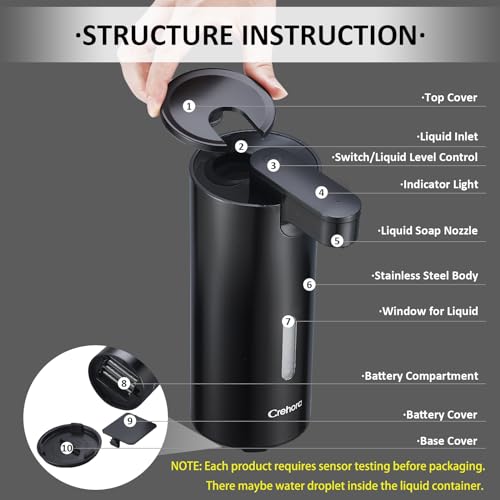 Crehora Automatic Soap Dispenser, Automatic Liquid Soap Dispenser Touchless, 12oz/340ml, 3-Level Adjustable, Battery Operated, Water-Resistant for Bathroom, Kitchen, and School, Clog-Free, Black - Image 5