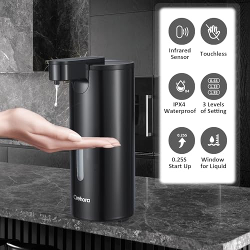 Crehora Automatic Soap Dispenser, Automatic Liquid Soap Dispenser Touchless, 12oz/340ml, 3-Level Adjustable, Battery Operated, Water-Resistant for Bathroom, Kitchen, and School, Clog-Free, Black - Image 2