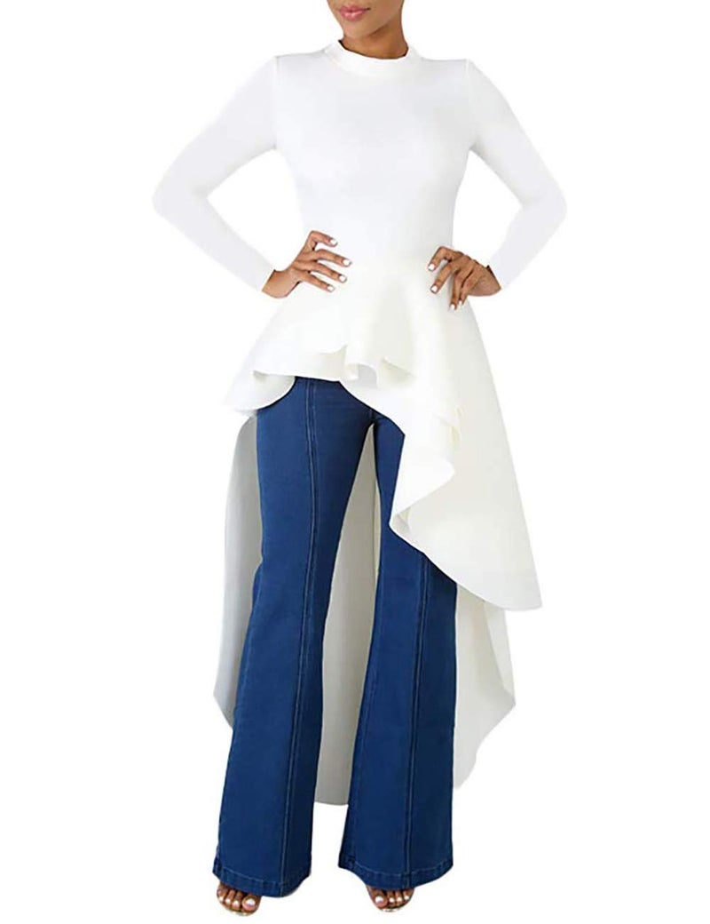 Lrady Women Ruffle High Low Asymmetrical Long Sleeve Peplum Tops Blouse Shirt Dress, White, Small - Image 3