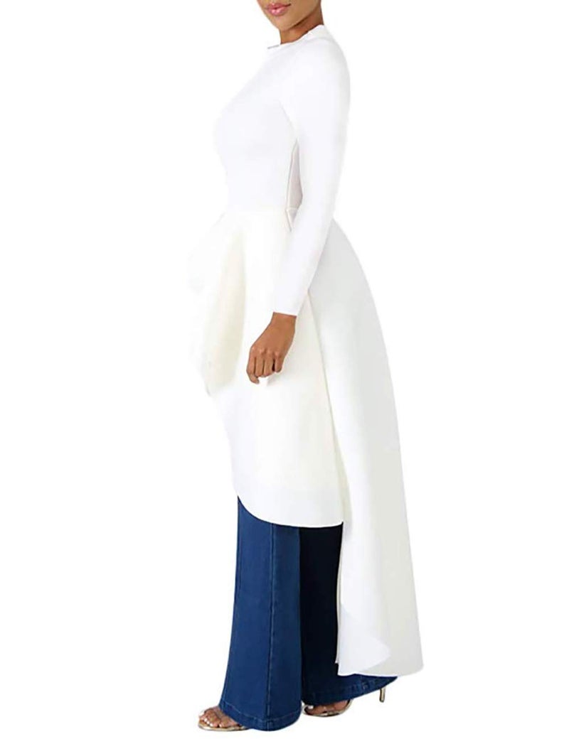 Lrady Women Ruffle High Low Asymmetrical Long Sleeve Peplum Tops Blouse Shirt Dress, White, Small - Image 4