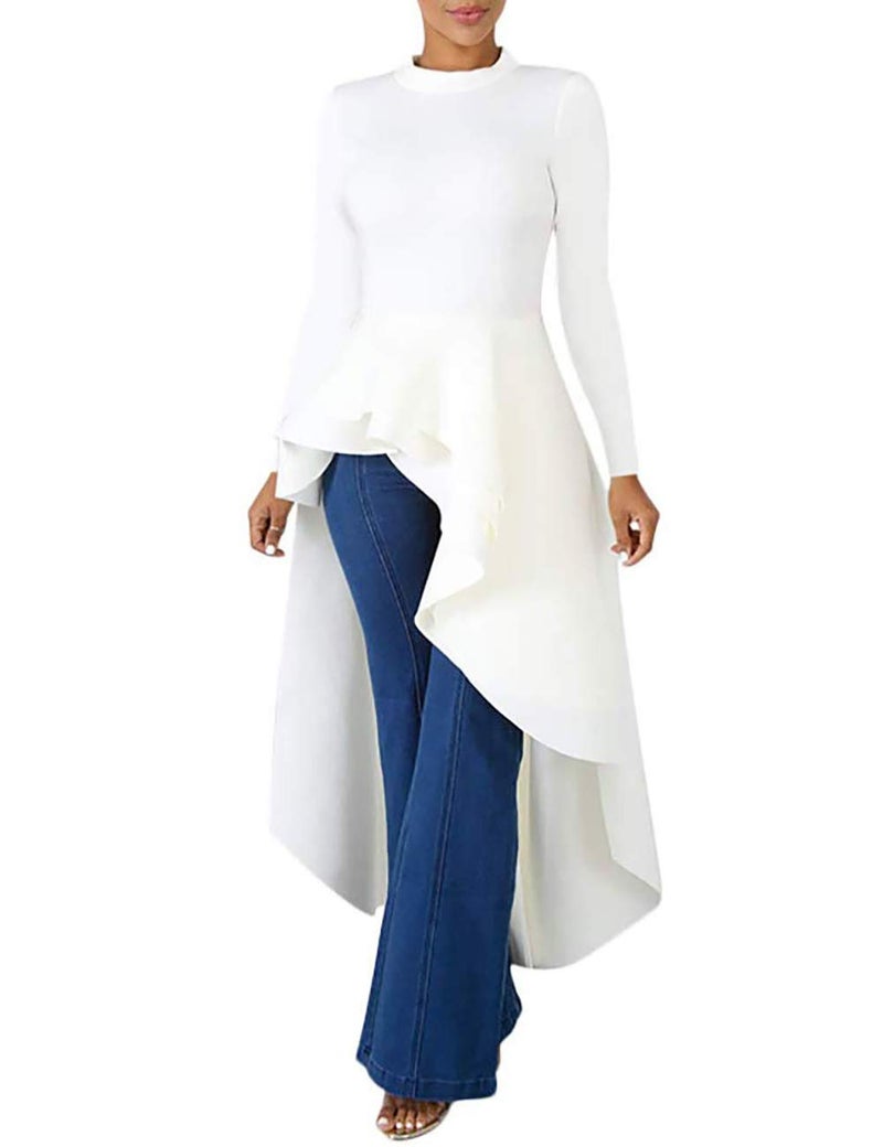 Lrady Women Ruffle High Low Asymmetrical Long Sleeve Peplum Tops Blouse Shirt Dress, White, Small - Image 1