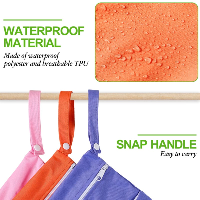 Woanger 10 Pack Wet Dry Bags for Baby Cloth Diapers Waterproof Reusable Travel Bags with Two Zippered Pockets Beach Pool Pouch for Swimsuit Beach Pool Daycare Yoga Gym Dirty Wet Clothes 10 Colors - Image 4