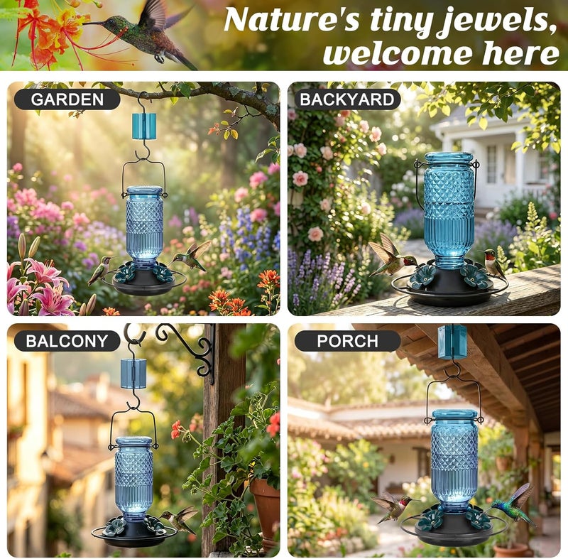 FEED GARDEN Glass Hummingbird Feeder for Outdoors Hanging, 16 OZ Humming Bird Feeders with 4 Bee Guard Feeding Ports & Built-in Ant Moat, Hummingbird Gifts for Mom Bird Feeder for Outside, Blue,2 Pack - Image 5
