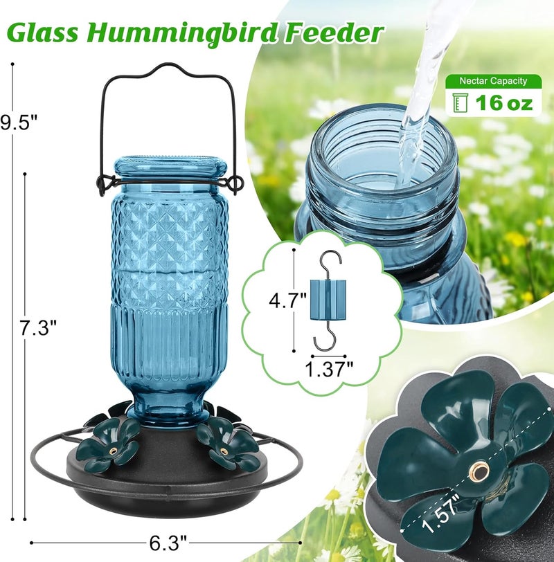 FEED GARDEN Glass Hummingbird Feeder for Outdoors Hanging, 16 OZ Humming Bird Feeders with 4 Bee Guard Feeding Ports & Built-in Ant Moat, Hummingbird Gifts for Mom Bird Feeder for Outside, Blue,2 Pack - Image 2