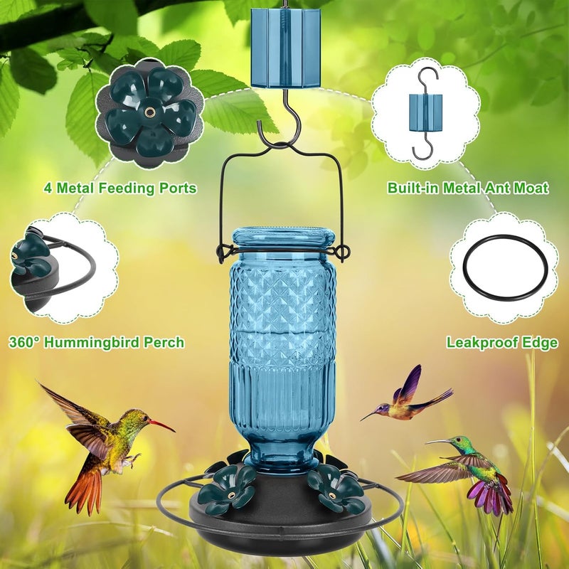FEED GARDEN Glass Hummingbird Feeder for Outdoors Hanging, 16 OZ Humming Bird Feeders with 4 Bee Guard Feeding Ports & Built-in Ant Moat, Hummingbird Gifts for Mom Bird Feeder for Outside, Blue,2 Pack - Image 4