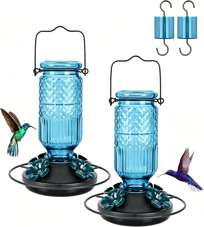 FEED GARDEN Glass Hummingbird Feeder for Outdoors Hanging, 16 OZ Humming Bird Feeders with 4 Bee Guard Feeding Ports & Built-in Ant Moat, Hummingbird Gifts for Mom Bird Feeder for Outside, Blue,2 Pack - Image 1