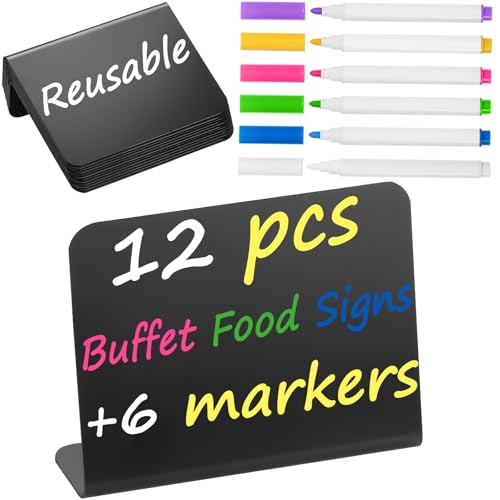 Herda 12 Pack 4"x3" Small Food Labels for Party Buffet Food Signs for Birthday Bakery Wedding Signs Tags Food Tags Place Cards Message Board Signs Mini Chalkboard Signs Includes 6 Wet Erase Markers - Image 1