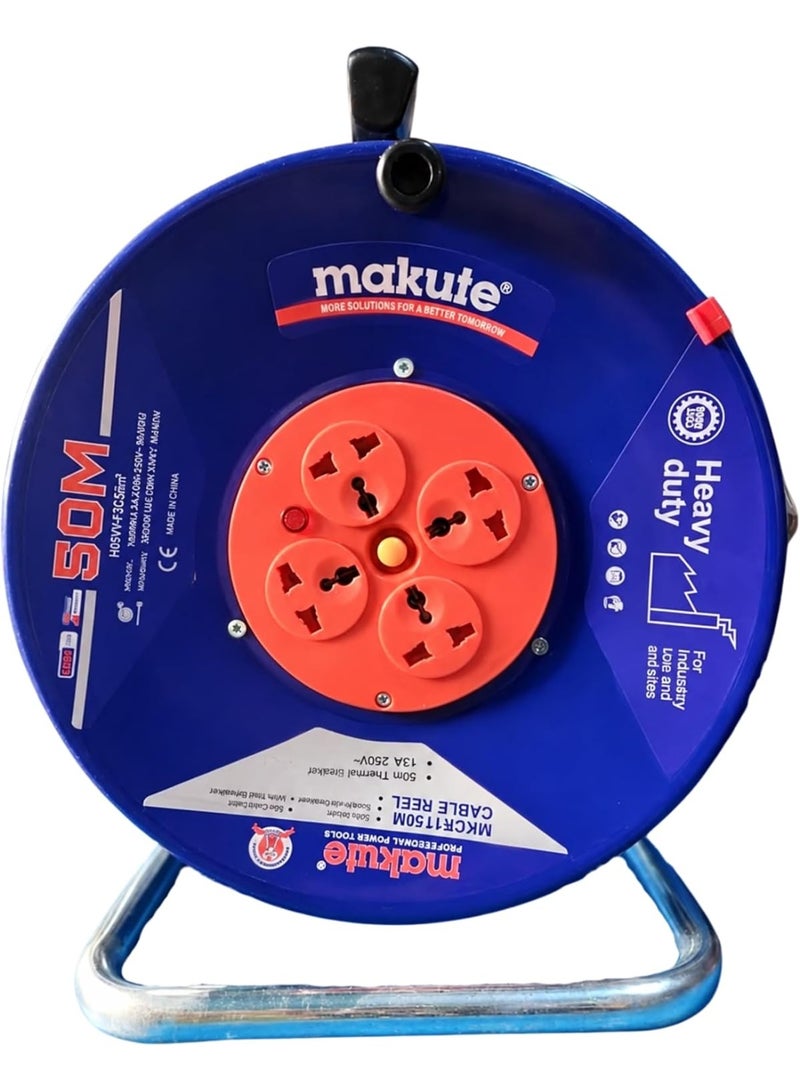 makute 50M Heavy-Duty Cable Reel with 4 Universal Sockets, 3-Pin, 220-240V, 50/60Hz, 1000W/4.5A Wound, 3200W/16A Unwound, Steel Stand, MKCR1150M - Image 1