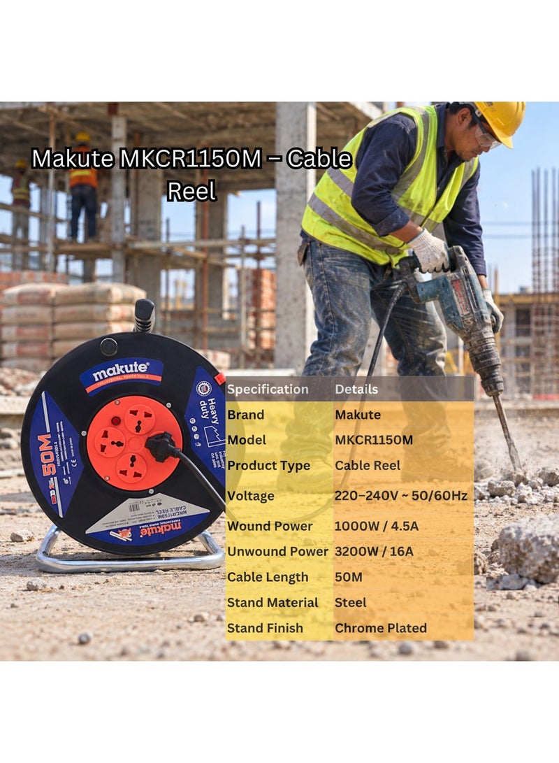 makute 50M Heavy-Duty Cable Reel with 4 Universal Sockets, 3-Pin, 220-240V, 50/60Hz, 1000W/4.5A Wound, 3200W/16A Unwound, Steel Stand, MKCR1150M - Image 5
