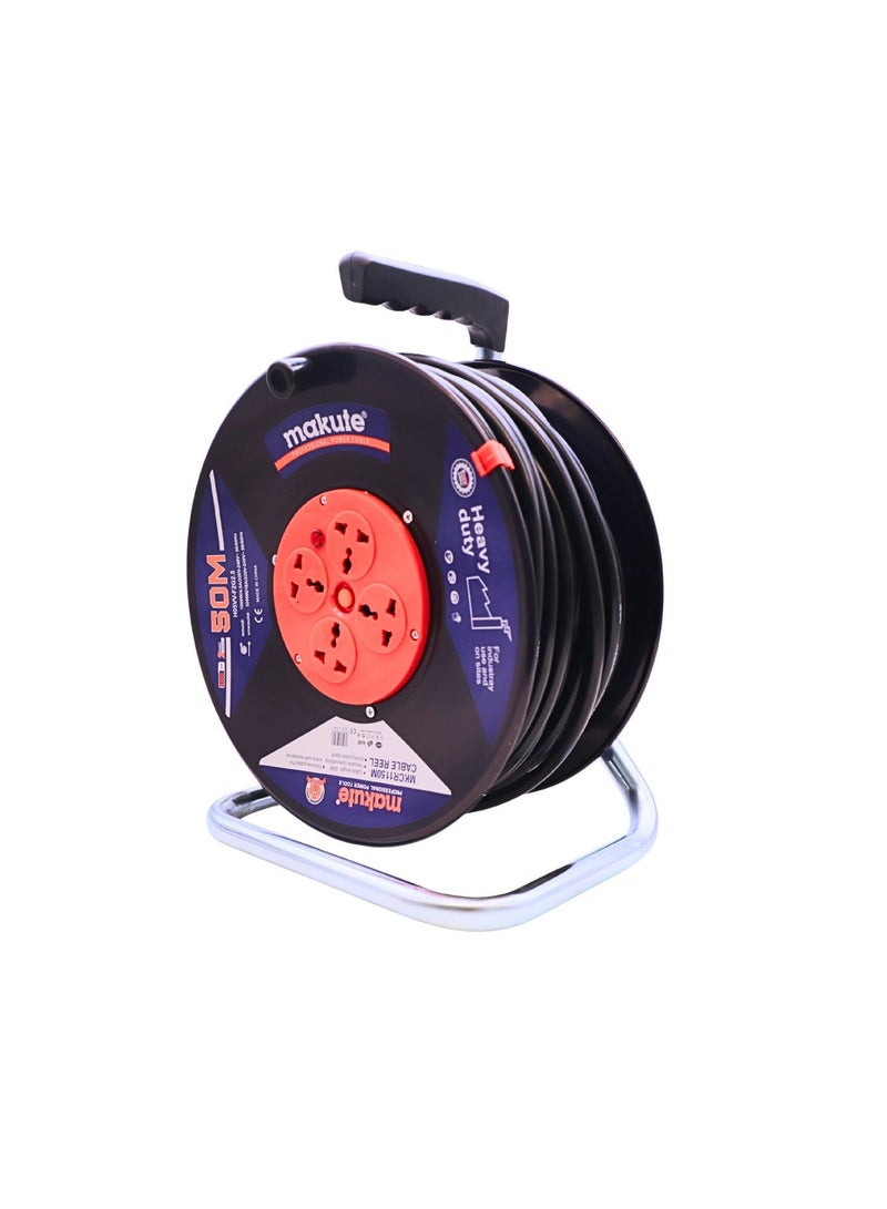 makute 50M Heavy-Duty Cable Reel with 4 Universal Sockets, 3-Pin, 220-240V, 50/60Hz, 1000W/4.5A Wound, 3200W/16A Unwound, Steel Stand, MKCR1150M - Image 3