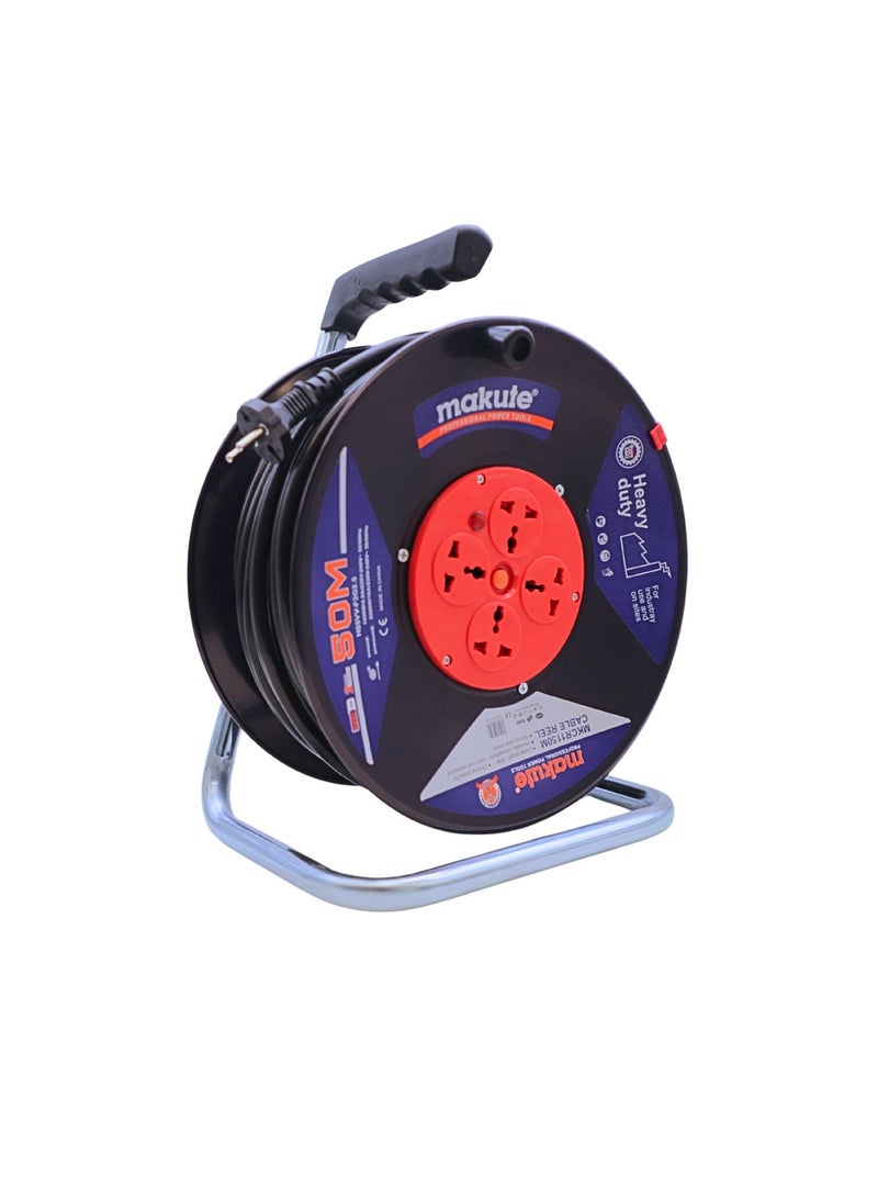 makute 50M Heavy-Duty Cable Reel with 4 Universal Sockets, 3-Pin, 220-240V, 50/60Hz, 1000W/4.5A Wound, 3200W/16A Unwound, Steel Stand, MKCR1150M - Image 2