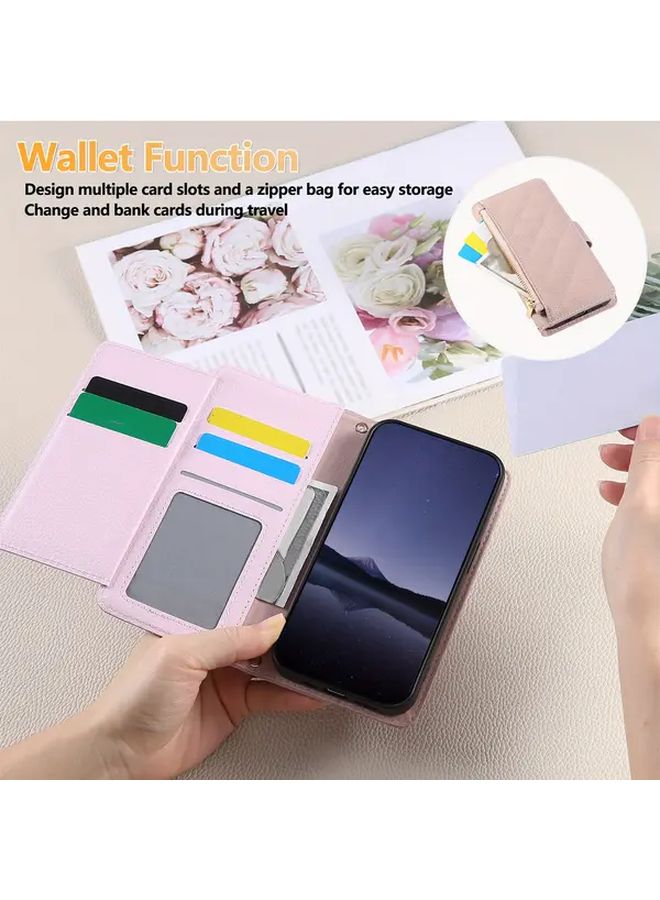 Pink Faux Leather Crossbody Phone Case With Zipper Wallet Credit Card Slots For Samsung Galaxy A32 5G - Image 3