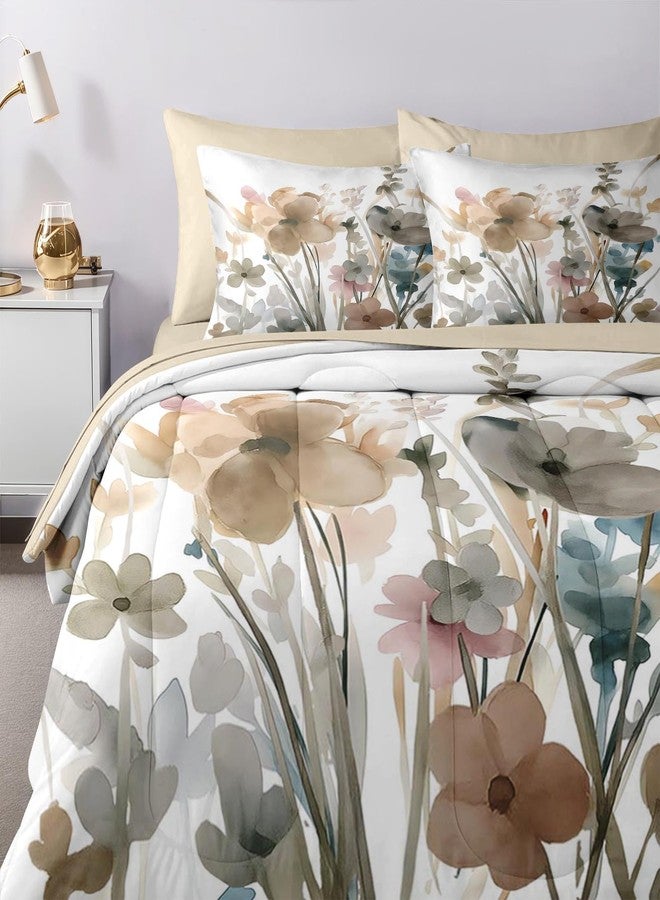 Nesker Comforter Set Queen Size, Boho Watercolor Floral 7 Pcs Bedding for Kids and Adults, Farmhouse Ink Muted Blooms Bed Sheet Sets with Fitted Sheet 2 Pillowcases & 2 Shams - Image 4
