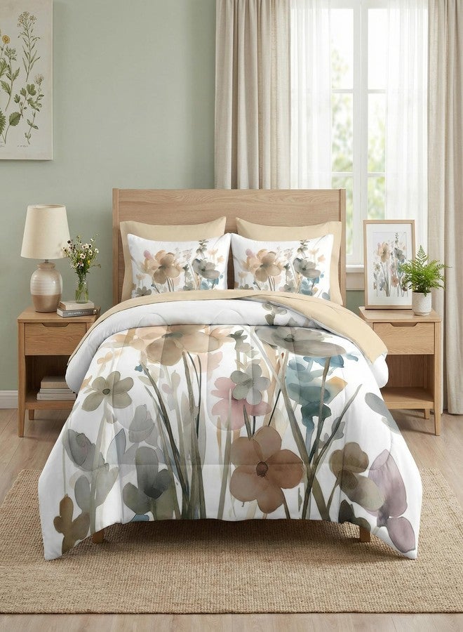 Nesker Comforter Set Queen Size, Boho Watercolor Floral 7 Pcs Bedding for Kids and Adults, Farmhouse Ink Muted Blooms Bed Sheet Sets with Fitted Sheet 2 Pillowcases & 2 Shams - Image 1