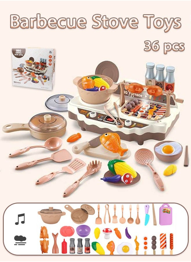 Barbecue Stove Toys, Kids BBQ Grill Playset, Kitchen Toy Set with Pretend Smoke and Sound Light, Indoor Outdoor Cooking Toy Christmas Birthday Princess Gift, 36PCS