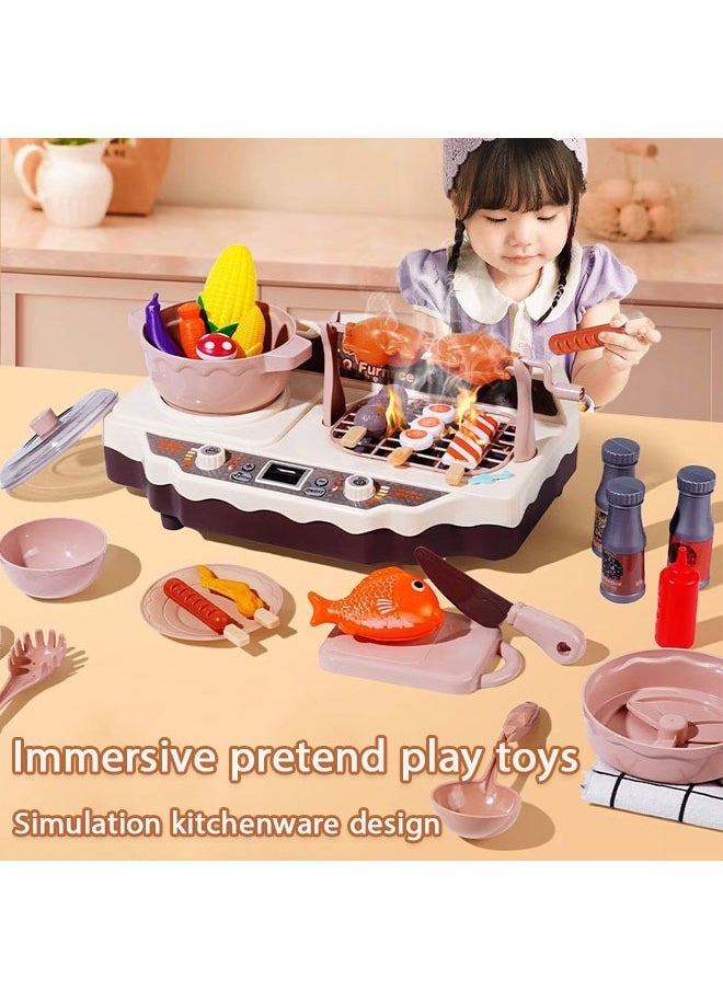 Barbecue Stove Toys, Kids BBQ Grill Playset, Kitchen Toy Set with Pretend Smoke and Sound Light, Indoor Outdoor Cooking Toy Christmas Birthday Princess Gift, 36PCS