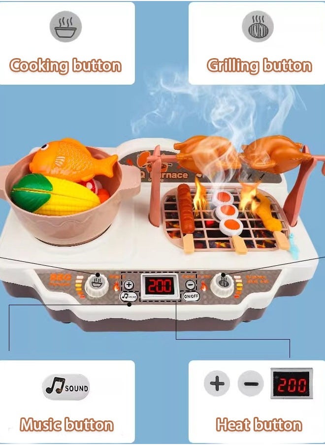 Barbecue Stove Toys, Kids BBQ Grill Playset, Kitchen Toy Set with Pretend Smoke and Sound Light, Indoor Outdoor Cooking Toy Christmas Birthday Princess Gift, 36PCS