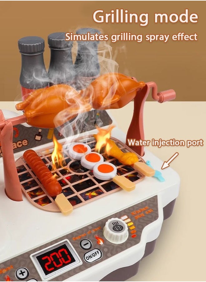Barbecue Stove Toys, Kids BBQ Grill Playset, Kitchen Toy Set with Pretend Smoke and Sound Light, Indoor Outdoor Cooking Toy Christmas Birthday Princess Gift, 36PCS