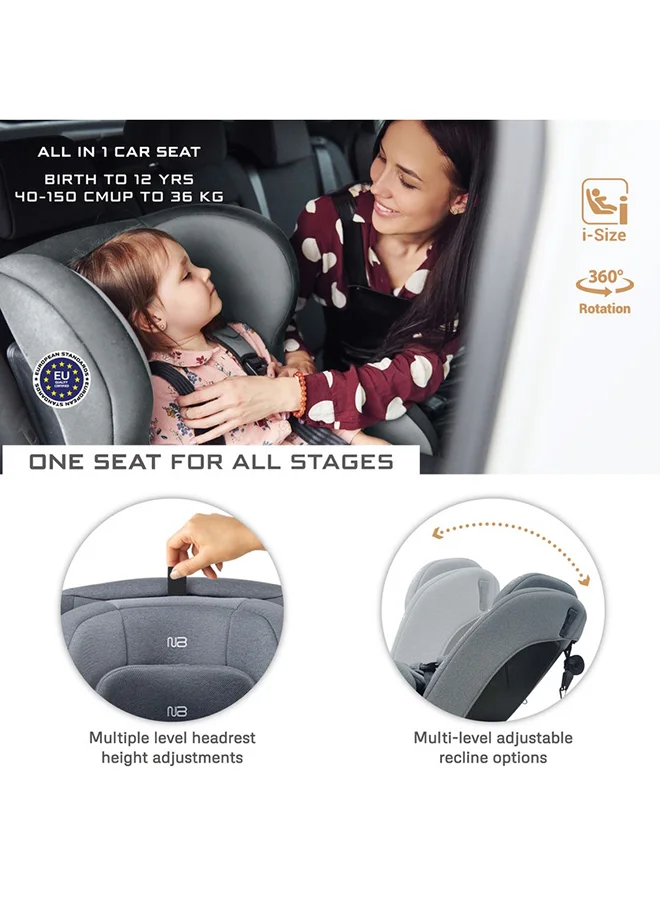 neobreez I-VILO 360° Rotatable ISOFIX All-in-1 Convertible Baby Toddler Kids Child Car Seat, I-Size ECER129,  Recline&Adjustable, Side Impact Protection, Memory Foam 0-12Yrs, 0-36Kg, Group 0+/1/2/3, 5 Point Harness