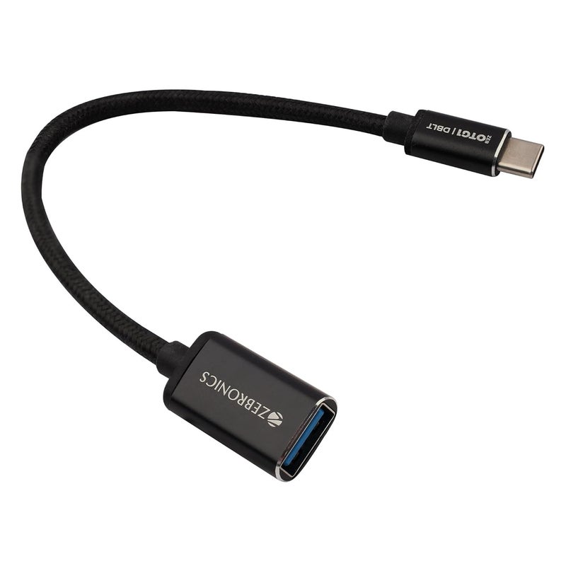 ZEBRONICS موصل زيبروينكس OTG1 من نوع C إلى OTG مع موصل ذكر من نوع C 3.1 جين 1، ومنفذ أنثوي USB 3.0 بسرعة 5Gbps*، وكابل مضفر بطول 15 سم، وهيكل معدني، وتصميم أنيق، للهواتف الذكية والأجهزة اللوحية وأجهزة الكمبيوتر المحمولة - Image 1