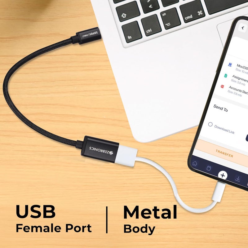 ZEBRONICS موصل زيبروينكس OTG1 من نوع C إلى OTG مع موصل ذكر من نوع C 3.1 جين 1، ومنفذ أنثوي USB 3.0 بسرعة 5Gbps*، وكابل مضفر بطول 15 سم، وهيكل معدني، وتصميم أنيق، للهواتف الذكية والأجهزة اللوحية وأجهزة الكمبيوتر المحمولة - Image 4