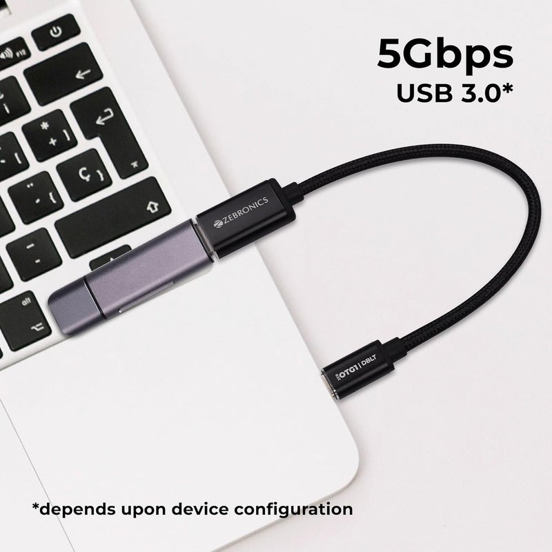 ZEBRONICS موصل زيبروينكس OTG1 من نوع C إلى OTG مع موصل ذكر من نوع C 3.1 جين 1، ومنفذ أنثوي USB 3.0 بسرعة 5Gbps*، وكابل مضفر بطول 15 سم، وهيكل معدني، وتصميم أنيق، للهواتف الذكية والأجهزة اللوحية وأجهزة الكمبيوتر المحمولة - Image 2