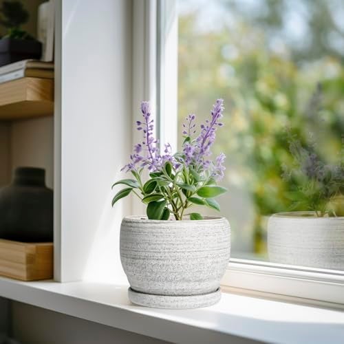 SQOWL Ceramic Planters for Indoor Plants - 6 Inch Plant Pot with Drainage Hole and Saucer, Small Ceramic Flower Pot, Round Decorative Planter Outdoor, Living Room Decor, Garden Gifts for Women, Gray - Image 2