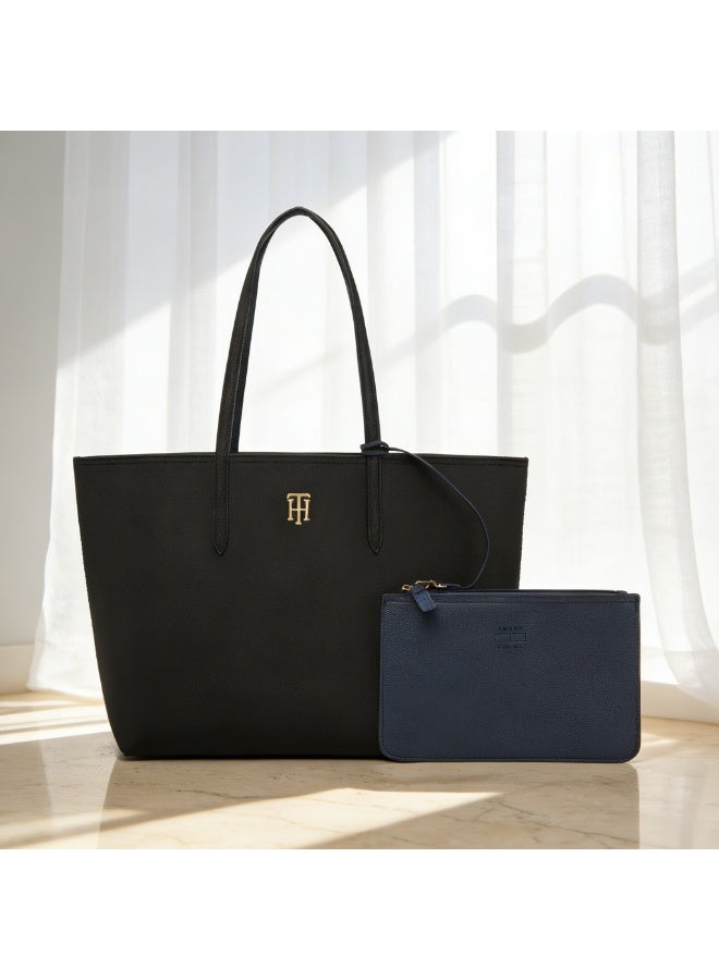 Tommy Girl Tommy Hilfiger women's double-sided two-tone large capacity handbag, women's shoulder bag, crossbody bag，fashionable and multifunctional, black and beige - Image 1