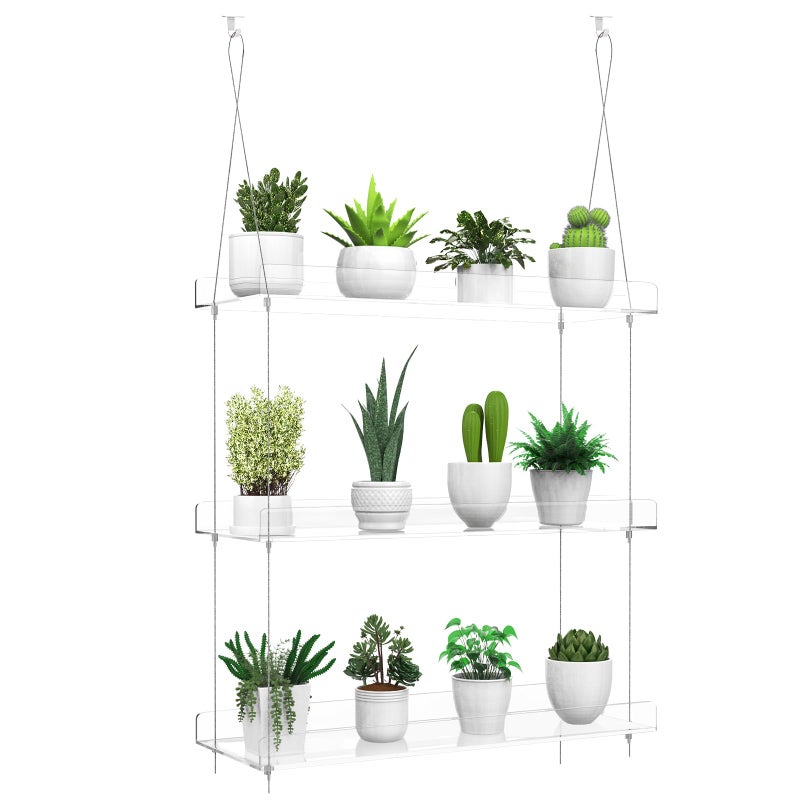 ZerzSemp 3-Tier Hanging Clear Plant Shelves for Windows, Acrylic Window Wall Plant Stand Shelf for Kitchen Indoor Gardens, Flower, Herb, Seedling Organization, and Pots Display, 16 Inch per Tier - Image 2