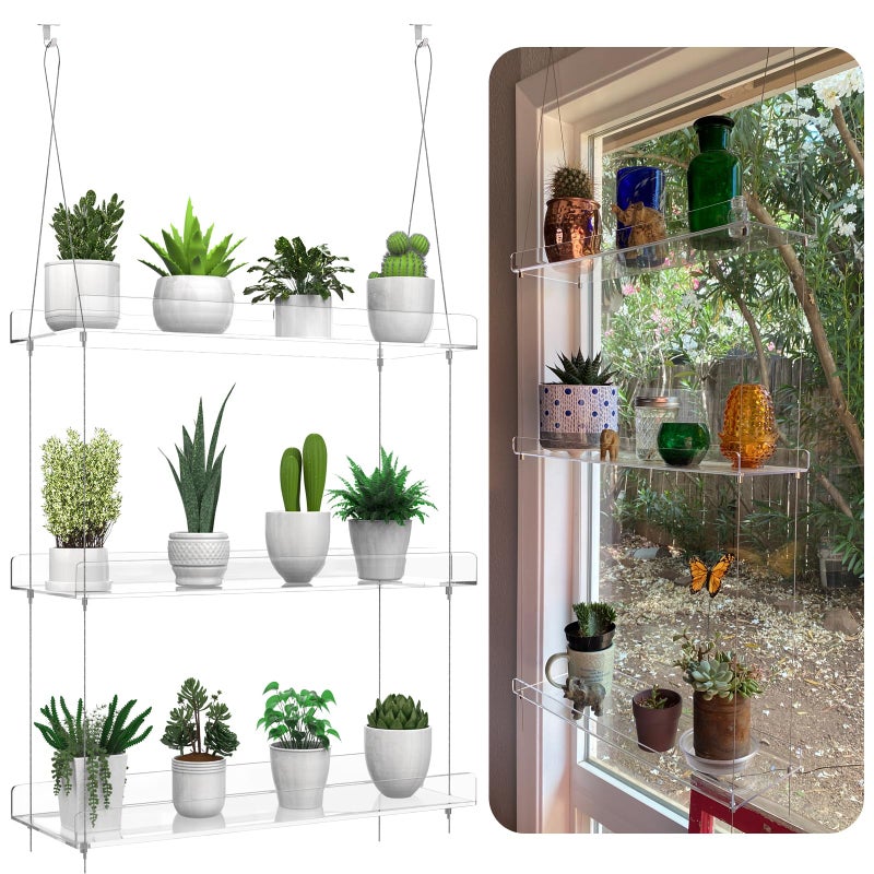 ZerzSemp 3-Tier Hanging Clear Plant Shelves for Windows, Acrylic Window Wall Plant Stand Shelf for Kitchen Indoor Gardens, Flower, Herb, Seedling Organization, and Pots Display, 16 Inch per Tier - Image 1