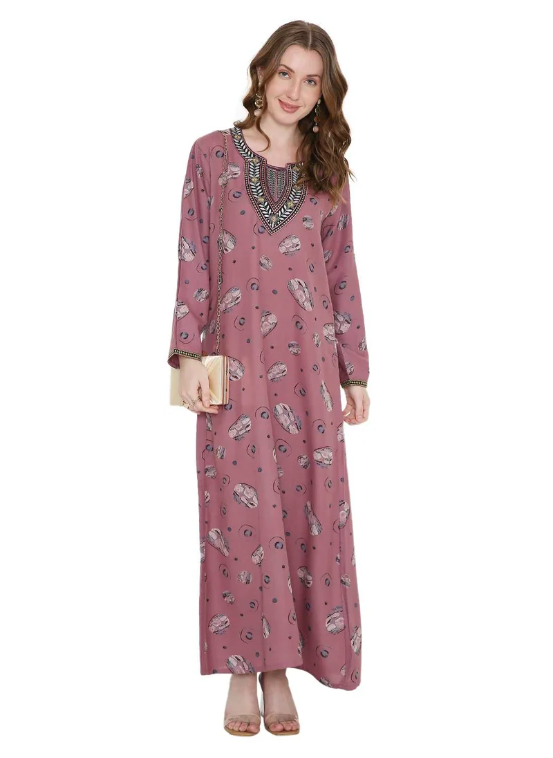 HANA & SARA FLORAL PRINTED WITH THREAD EMBROIDERY ON THE NECK ARABIC KAFTAN JALABIYA DRESS