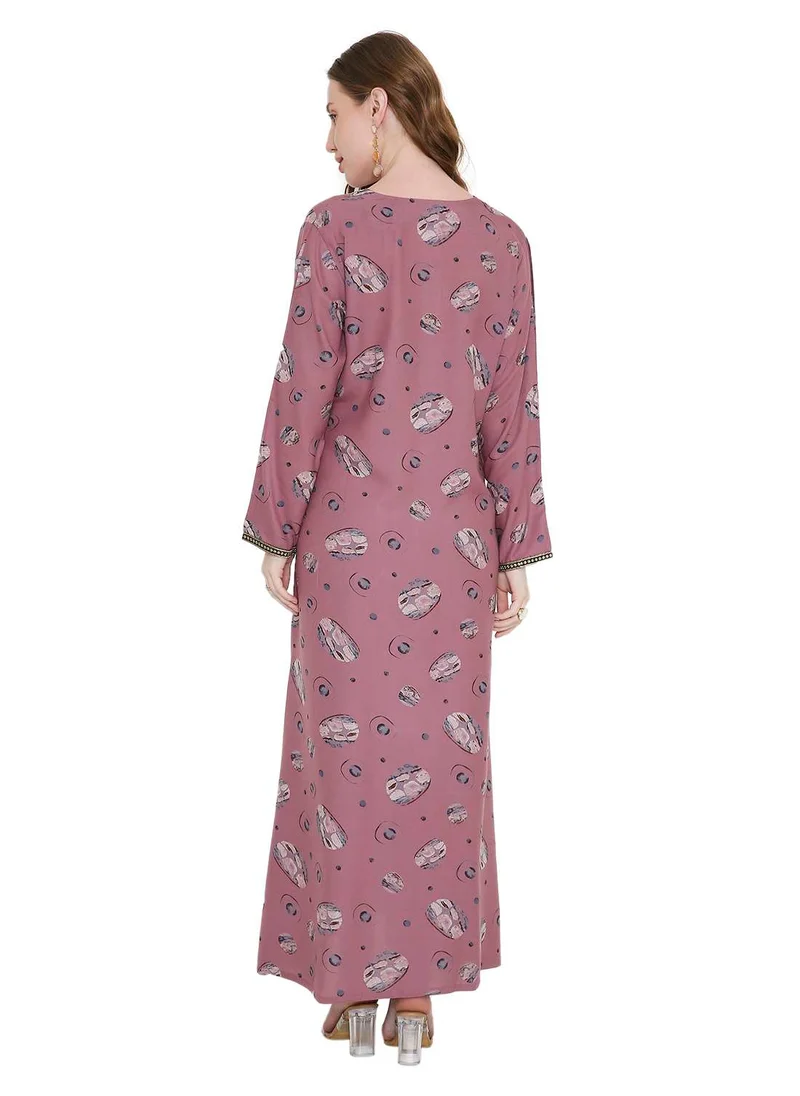 HANA & SARA FLORAL PRINTED WITH THREAD EMBROIDERY ON THE NECK ARABIC KAFTAN JALABIYA DRESS